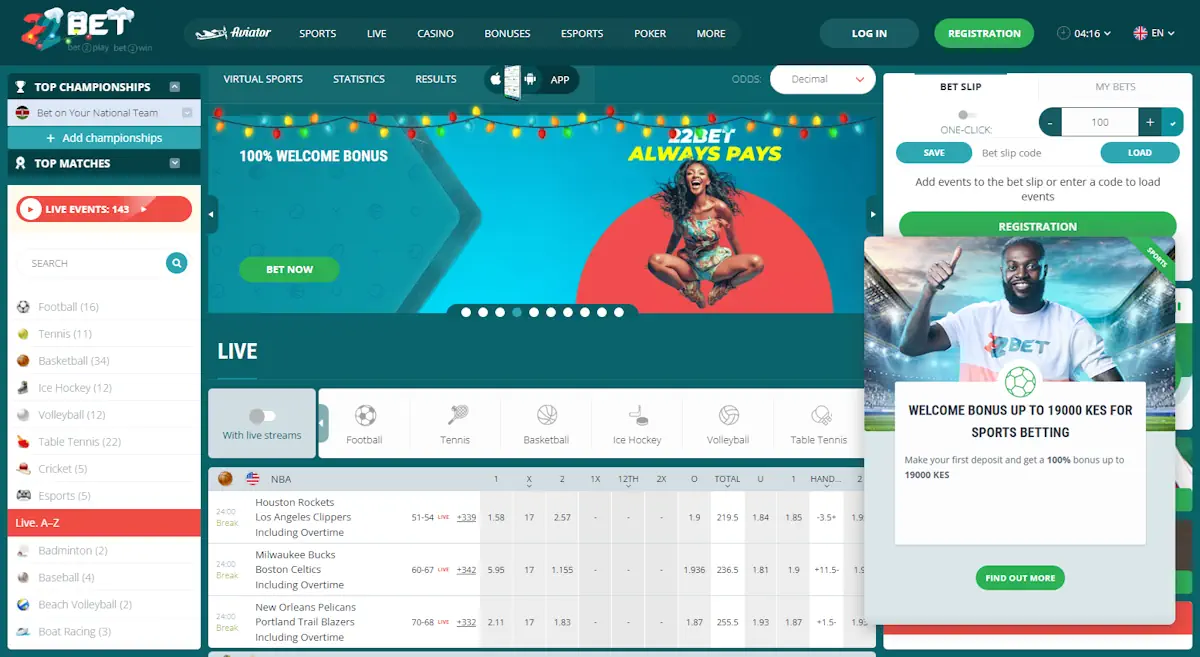 22Bet Sportsbook and Welcome Bonus Screenshot